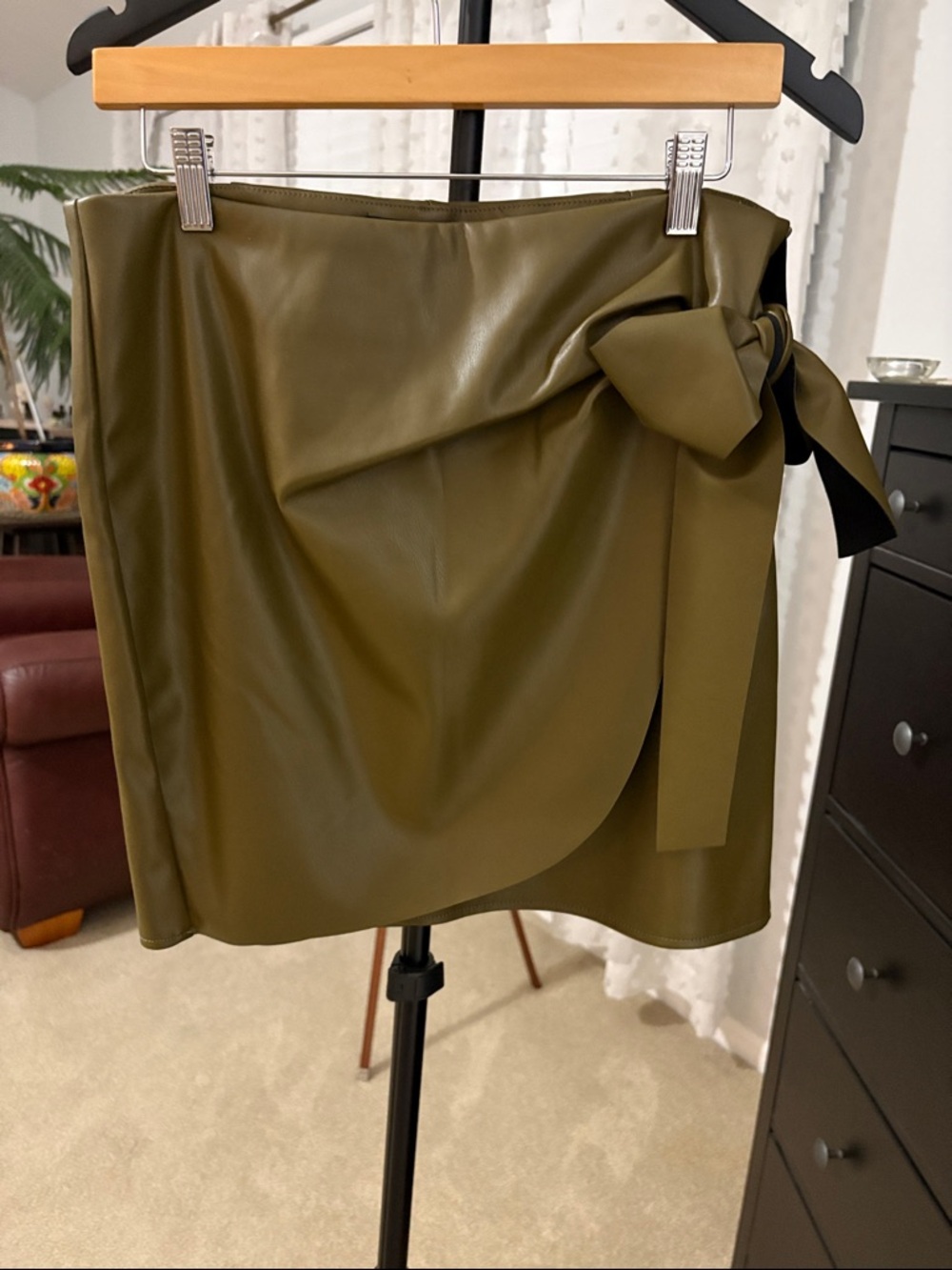 Vero Moda Olive Green Faux Leather Wrap Mini Skirt with Side Tie